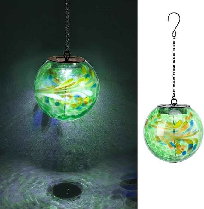 VCUTEKA Solar Hanging Lanterns, Outdoor Glass Gazing Ball Lights with Hook, Waterproof Energy-Efficient Solar Lanterns for Garden, Yard, Tree and Patio Decor, Green