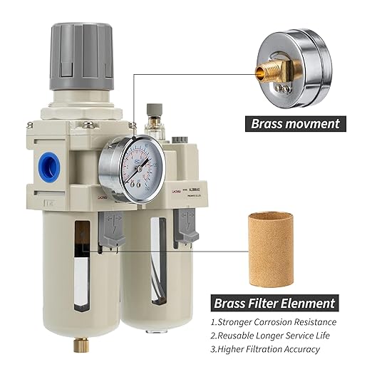 Air Compressor Filter Regulator Lubricator (FRL) Unit,Air Pressure Regulator with Pressure Gauge(0-150PSI),3/8” NPT Oil Water Separator,Semi-Auto Drain,Suitable for Pneumatic Systems