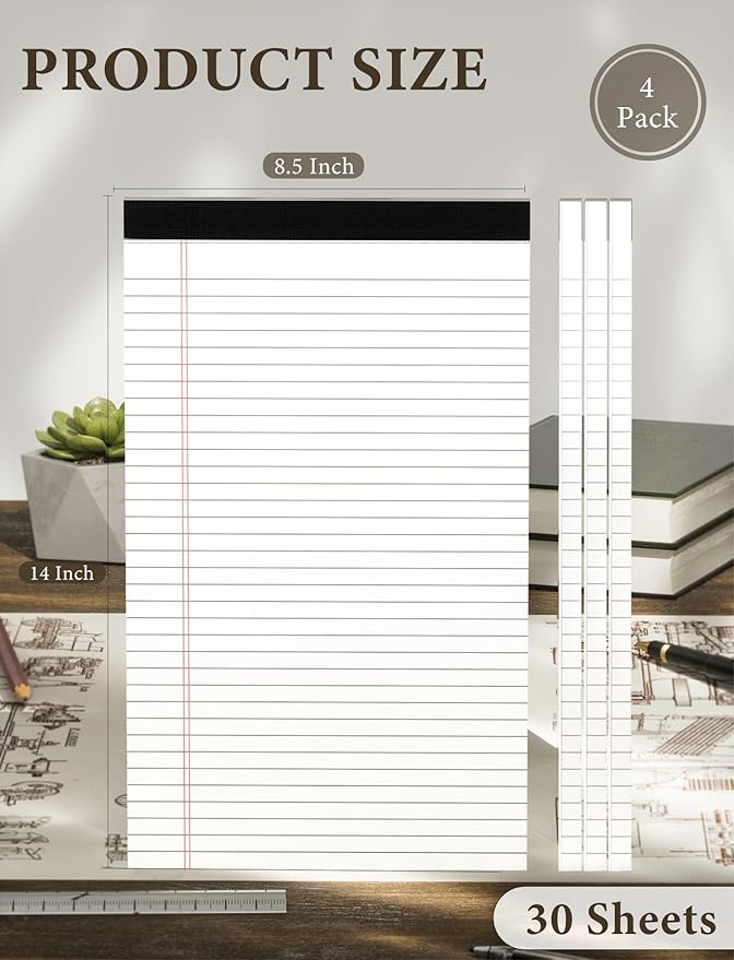 Note Pads 8.5 x 14 Wide Ruled, 4 Pack Legal Pads 8.5 x 14 White Paper Pads Lined Paper Tablets, Notebook Pads 8.5 x 14, White Lined Paper Pads 8.5x14 Writing Pad, 70 GSM Notebook Paper, 30 Sheets/Pad