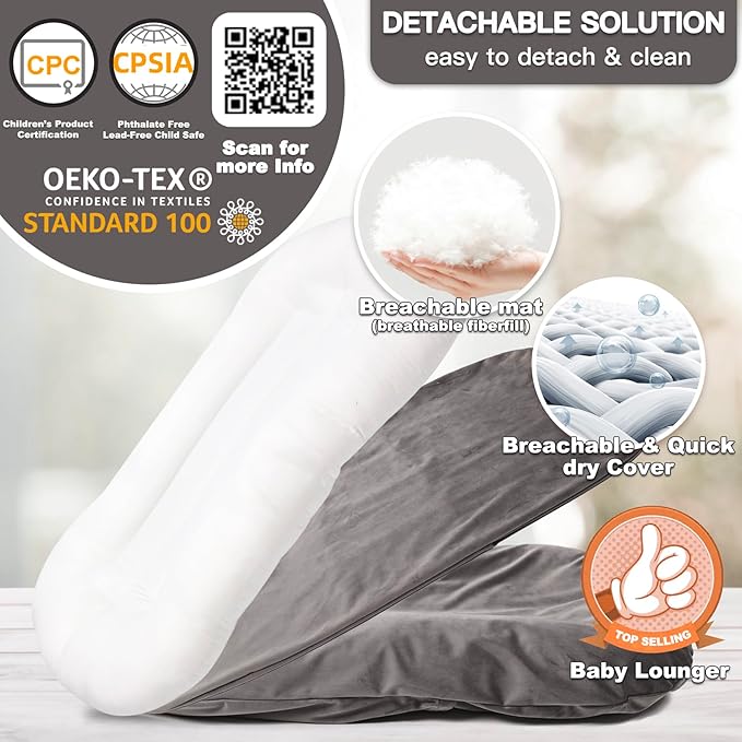 Baby Lounger - Snuggle Cozy Me Infant Lounger for Newborns | Flannel Cover, Breathable Soft, Portable Awake-Time Pad, Essential Baby Gift -Grey