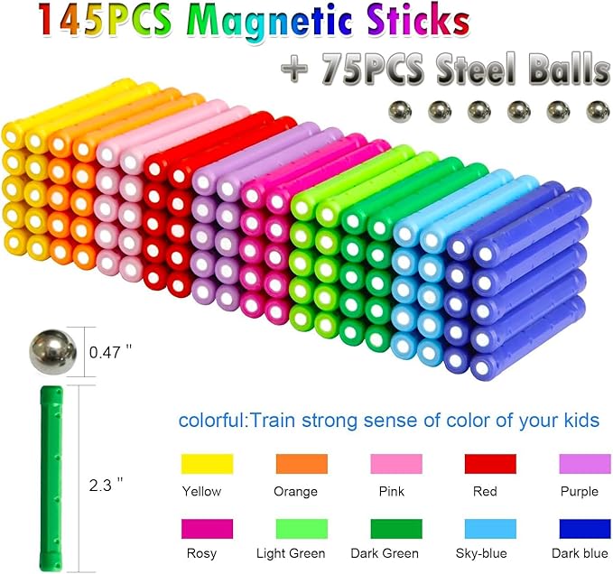 220PCS Magnetic Building Sticks Blocks, Magnet Educational Toys Magnetic Sticks Stacking Toys STEM Set, Non-Toxic Building Toy 3D Puzzle with Storage Bag