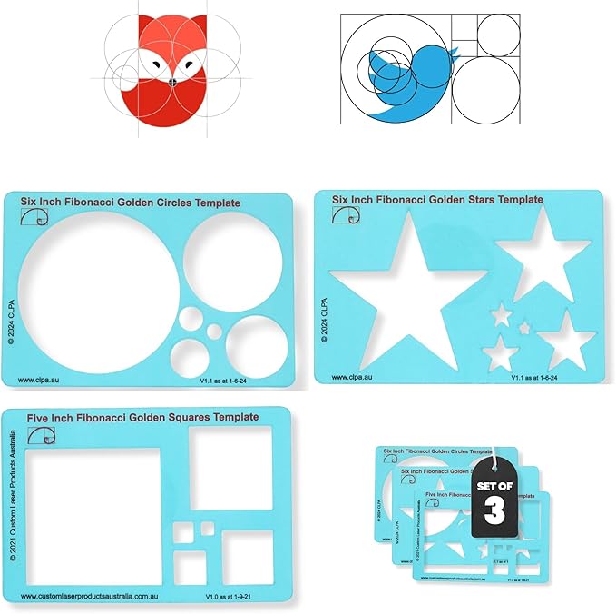 Fibonacci Template Set - Set of Stencil Templates for Drawing: 6" Circle, 6" Star, 5" Square Fibonacci-Inspired Set of Templates for Drawing Tool for Artists