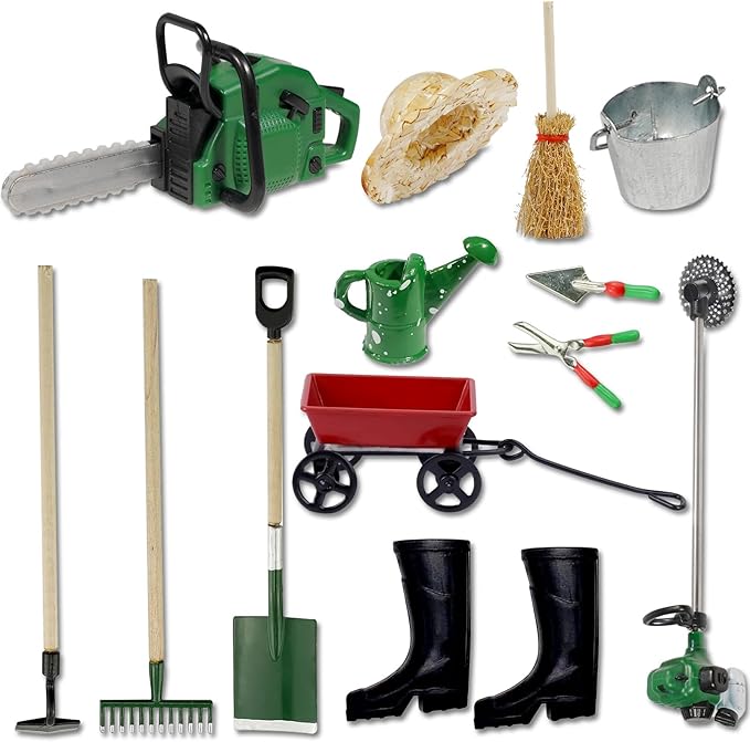 1:12 Miniature Gardening Tools Fairy Garden Farming Tools Mini Shovels Electric Saw Rake Pitchfork Model Mini Spring Garden Set for Mini House Decoration Accessories