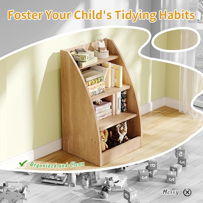 Kids Bookshelf,4 Tier Kids Book Shelf for Kids Rooms,Wood Children Bookcase,Baby Storage Book Rack,Toddler Bookshelf, Book and Toy Organizer,Book Display Shelf for Bedroom, Playroom, Nursery