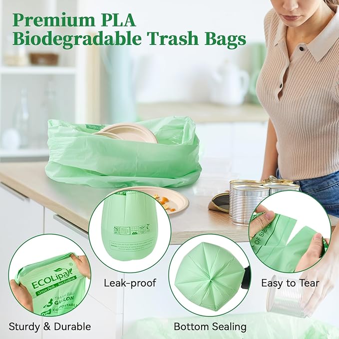 ECOLipak 13 Gallon Compostable Trash Garbage Bags, 100 Count (2 Rolls) Biodegradable Heavy Duty Bathroom Kitchen Trash Bags for Home/Office, US BPI ASTM D6400 and OK Compost Home Certified