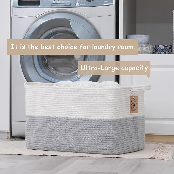 COMFY-HOMI Large Rectangle Laundry Storage Basket | Cotton Rope Woven, Organizing with Handle | Dirty Cloth & Baby Shower Basket | 22x15x12' - White/Grey