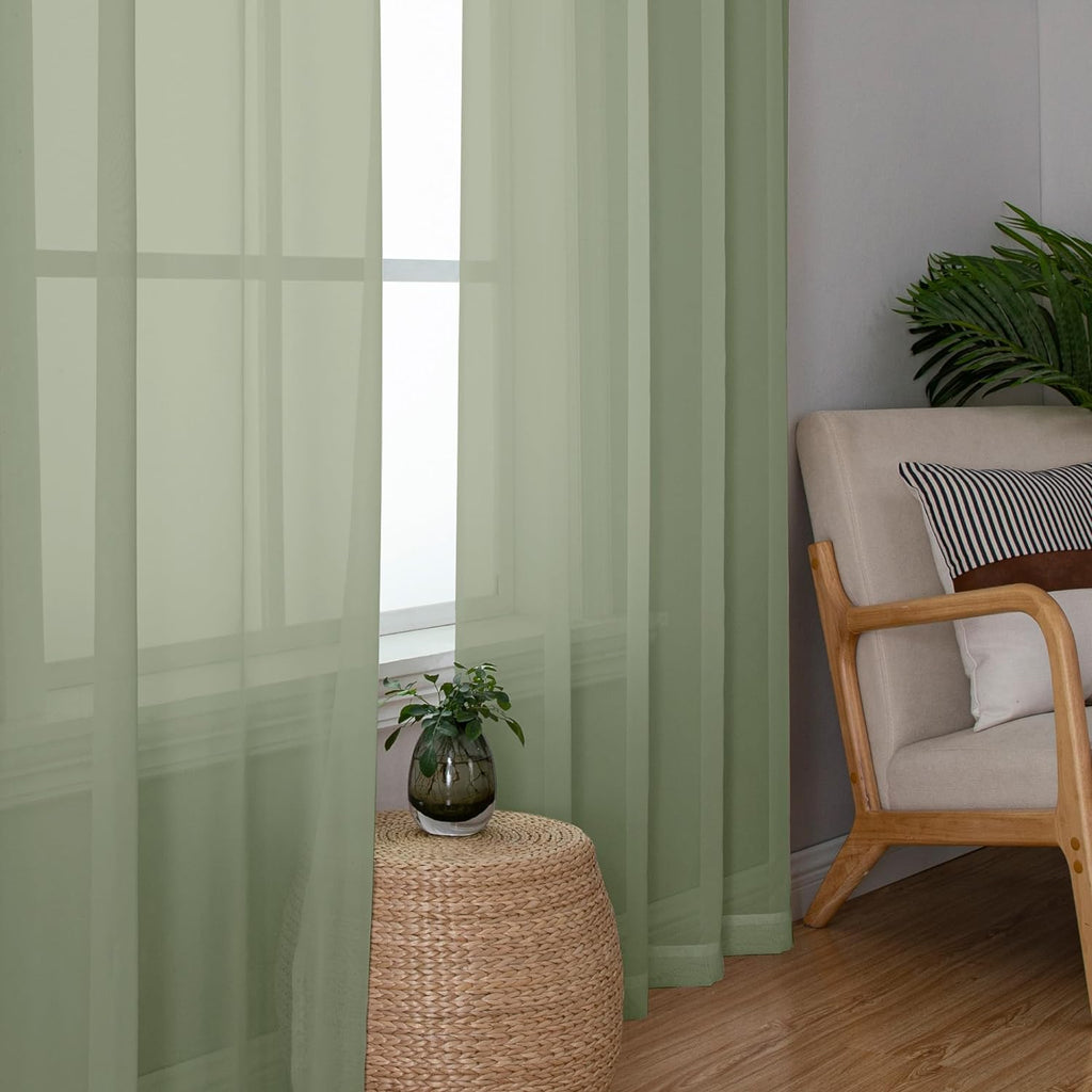 Chyhomenyc Sage Green Sheer Curtains 54 Inch Long 2 Panels Set, Short Rod Pocket Voile Drapes for Dinning Small Windows Bathroom Living Room Bedroom, Each 42Wx54L in, 2PCS, Sage Green
