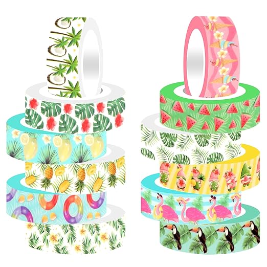12 Rolls Fruits Washi Tapes, Hawaiian Leaves Cactus Masking Tapes, Colorful Fruits Decorative Adhesive for Scrapbook Journals DIY Craft Gift Wrapping Birthday Thanksgiving Christmas Party Decor 16.4Ft