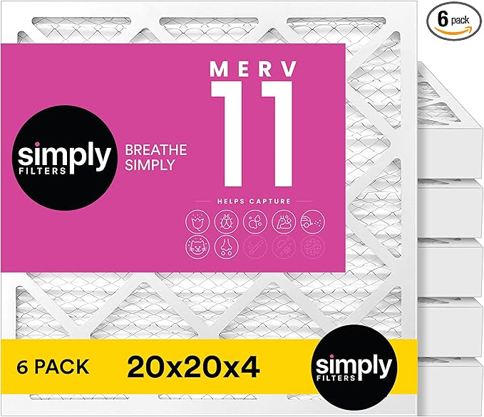 Simply 20x20x4 Air Filter, MERV 11, 6 Pack, Furnace Air Filter for HVAC (Actual Size:19.5"x19.5"x3.63") DUST, Pet, & Allergy Control
