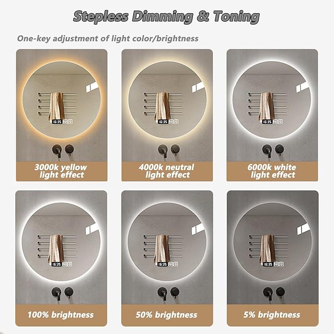 Wall Mirror for Bathroom, Wall Mounted Multifunction Bathroom Vanity Mirror with LED Lights and Demister Pad, 3-Color Dimmable LED Light, for Living Room and Bathroom(A,90cm/35.4in)