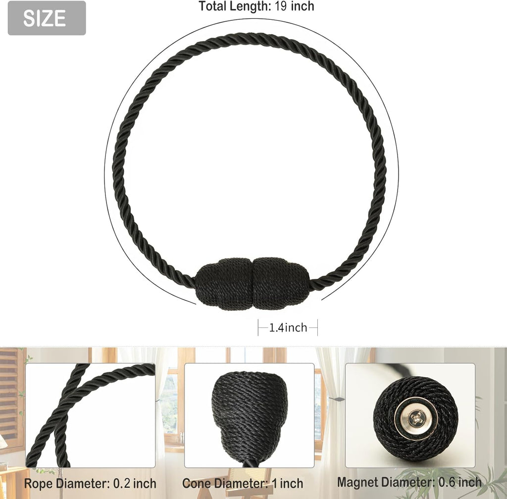 Magnetic Curtain Tiebacks Rope Curtain Tie Backs for Curtains 4 Pack Curtain Holders for Drapes Decorative Window Curtain Holdbacks, Black