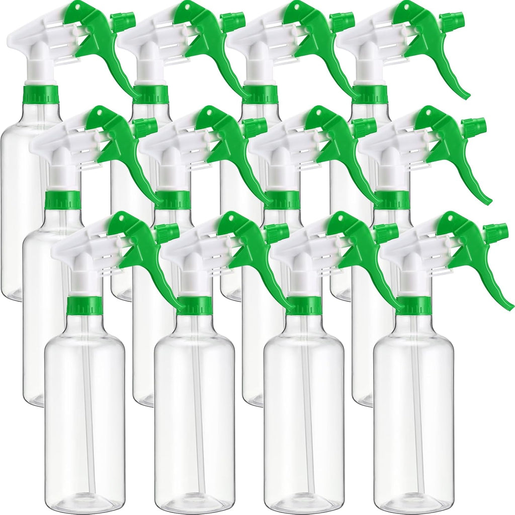 Eccliy 12 Pcs 16 Oz Plastic Spray Bottle, Adjustable Empty Reusable Sprayer for Cleaning, Planting, Water, Bathroom and Kitchen, BBQ, Commercial and Residential(Green&white,Clear)