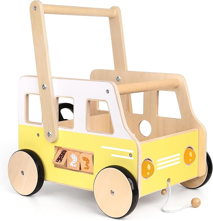 Wooden Baby Push Walker – Montessori Walker & Activity Push Toy with Steering Wheel + Rotating Headlights | Balance Trainer for Toddlers 1‑3 Years