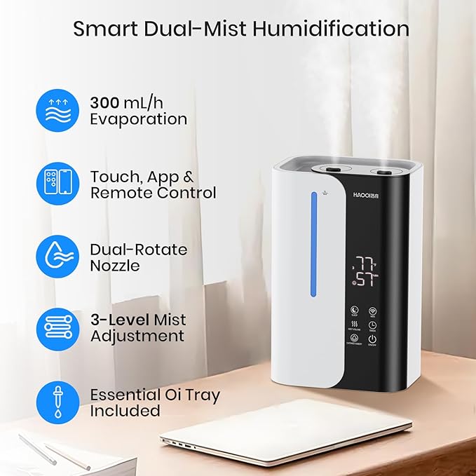 Cool Mist Humidifiers for Bedroom and Plants & Baby, Top Fill 5L Large Room Smart Humidifier for Home Nursery, 28 dB Quiet 50H Runtime Bedroom humidifier with Essential Oils