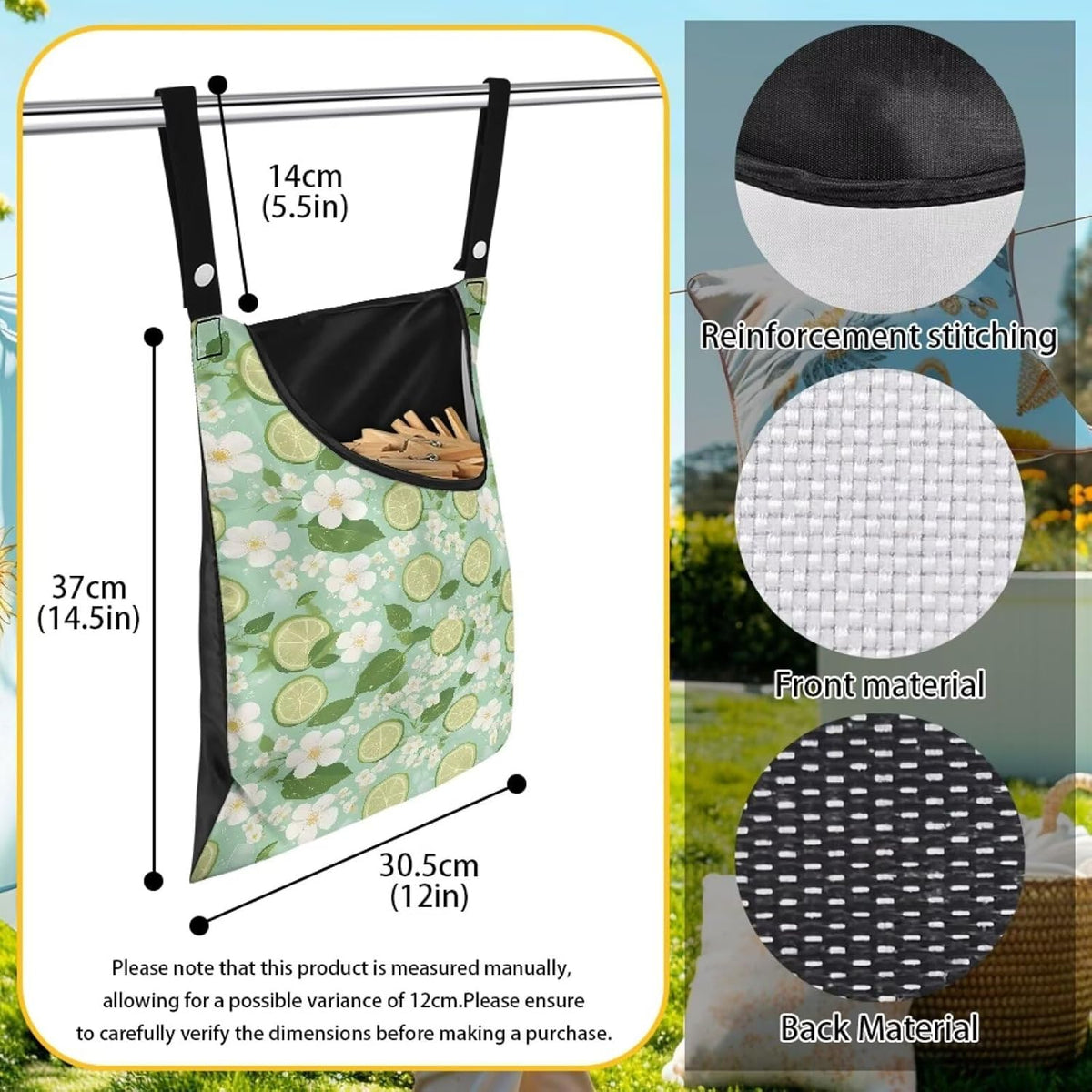 Clothespin Bag for Outdoor Laundry Clothesline and Clothes Pin Holder Clothespin Bag for Clothes Pins Heavy Duty Outdoor Use - Lemons