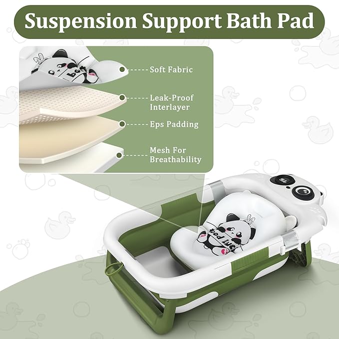 Foldable Baby Bathtub, Lightweight Bathtub for Infants to Toddlers with Soft Cushion & Thermometer, Portable Baby Tub Newborn to Toddler 0-36 Months(Green)