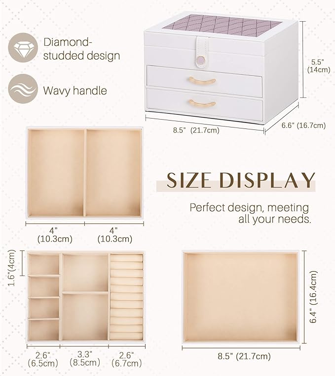White Jewelry Box Organizer: Home Decor for Women - 2-Drawer Holder for Valentine’s Day Birthday Christmas White Grey-Purple