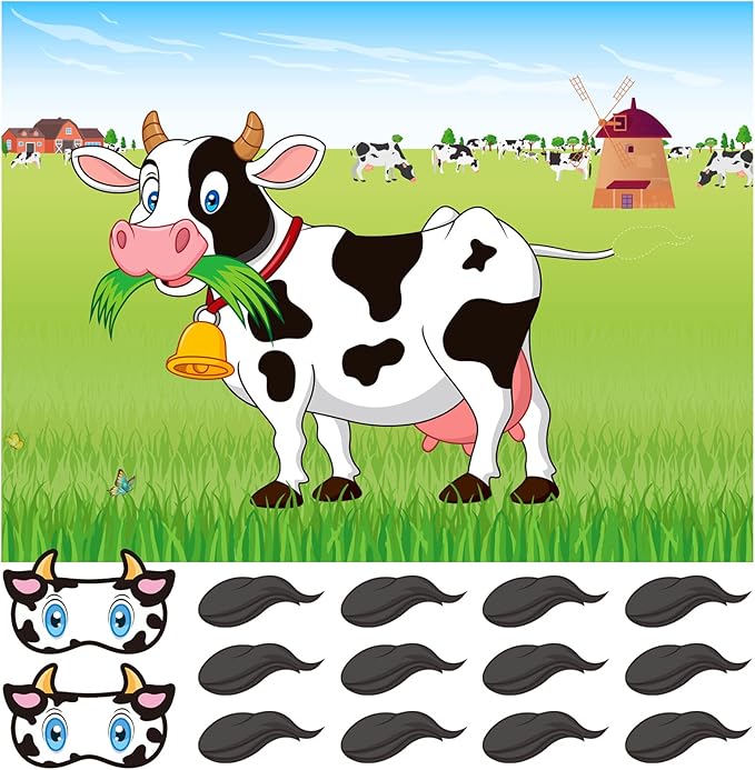 ASTARON Pin The Tail on The Cow Game with 30 Tail Stickers for Farm Birthday Supplies Pin Game, Boys Girls Animal Party Favors Christmas Decorations Home Wall Decor