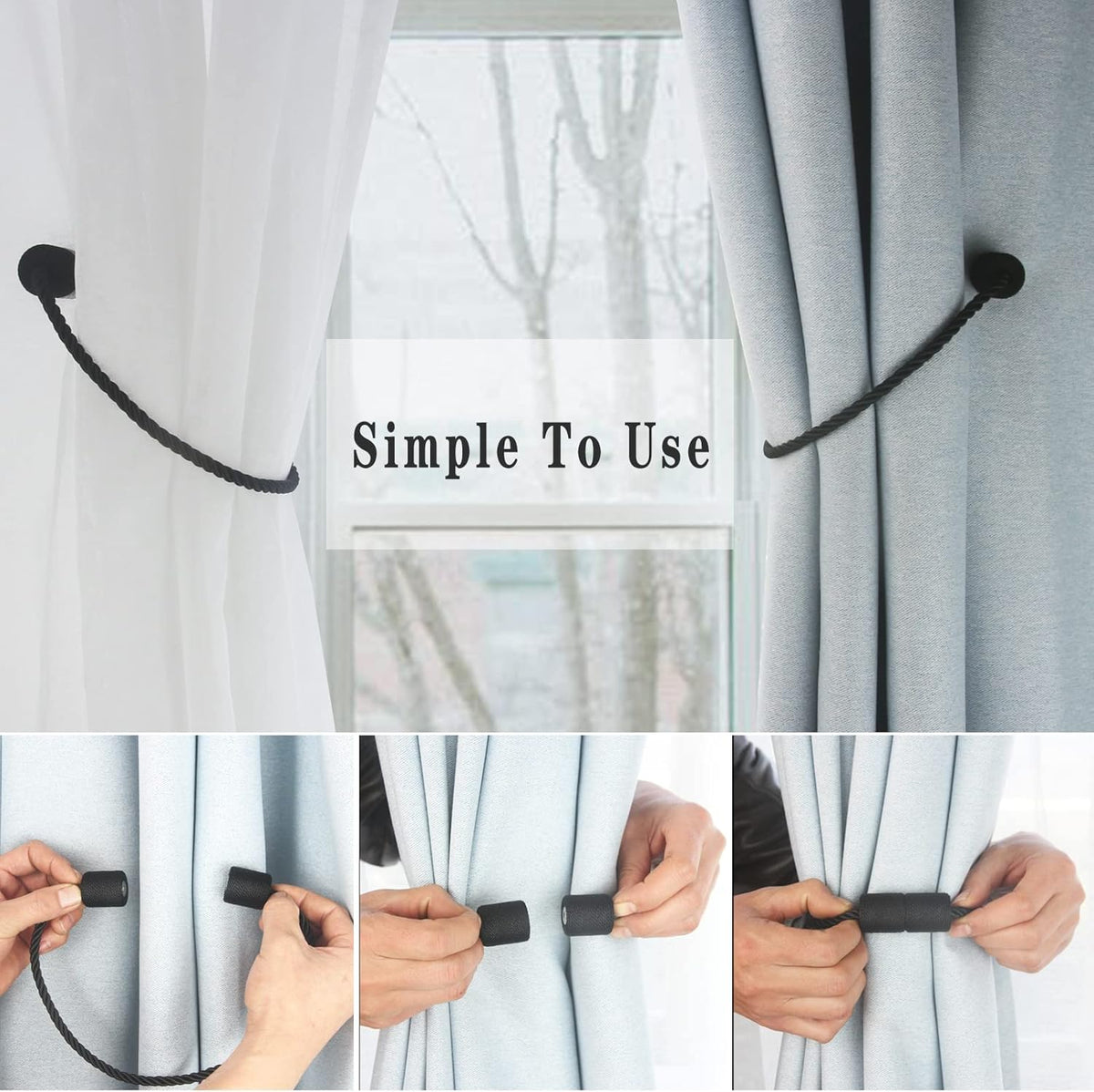 Magnetic Curtain Tiebacks 6 Pack Black Curtain Rope Tieback Curtain Holders for Drapes Modern Tie Backs Decorative Curtain Holdbacks