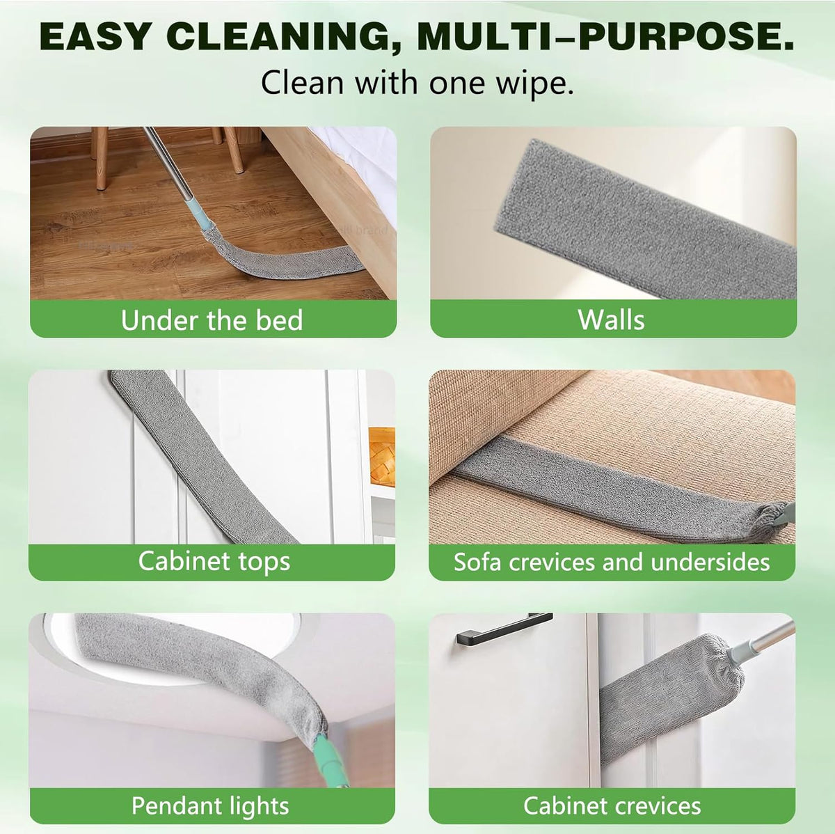 Retractable Gap Dust Cleaner Cleaning Tools with 2 Microfiber Dusting Cloths, Flat Duster with Extension Pole, Flexible Microfiber Duster for Cleaning Under Refrigerator,Sofa,Couch Bed,Furniture