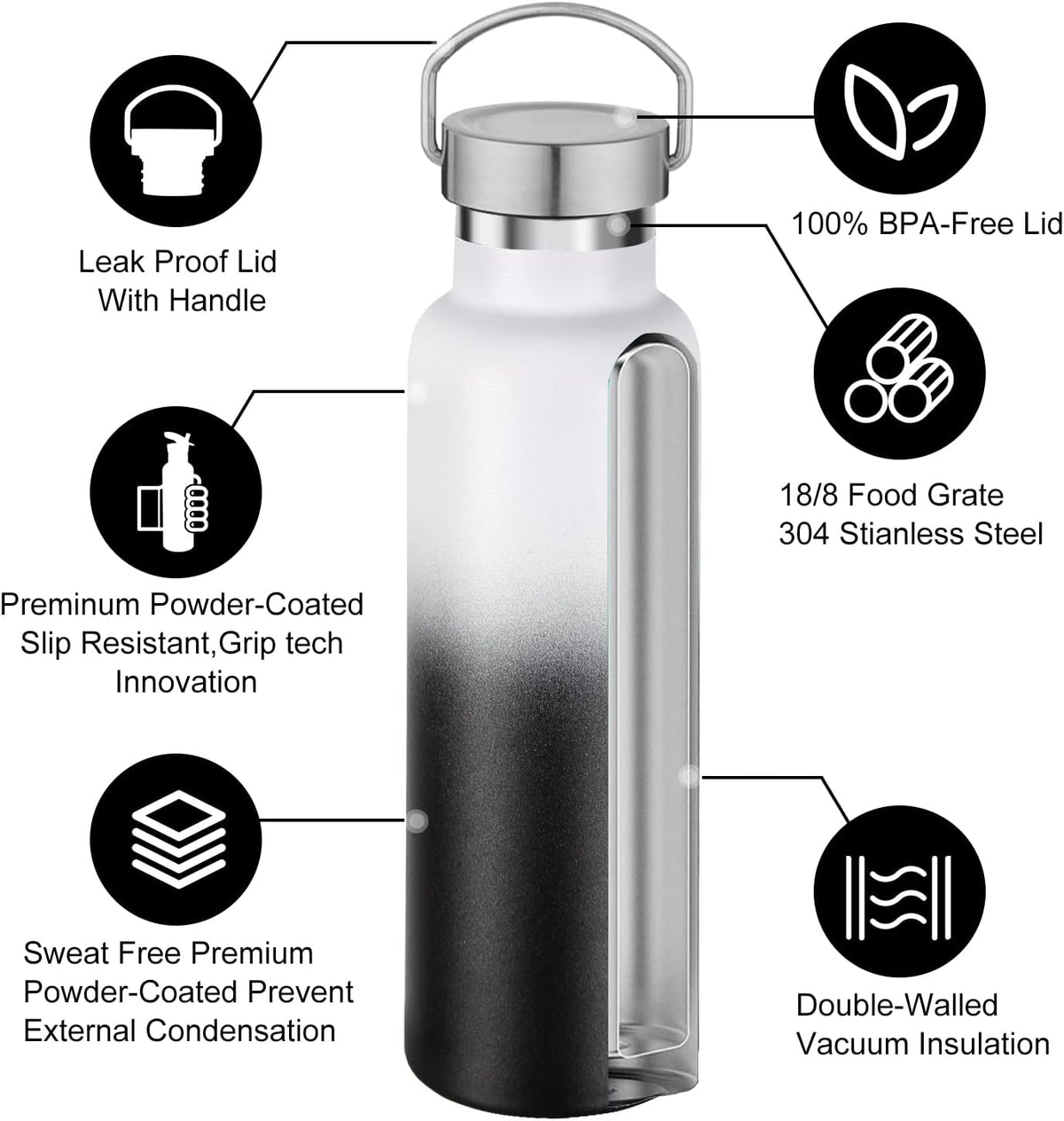 Neihepal 20 oz Insulated Water Bottles Bulk 2 Pack,Stainless Steel Double Wall Sport Bottle with Lid of Handle,Metal Reusable Thermoses Flask for School,Cyclists,Hikers,Gift (White-Black,Set of 2)
