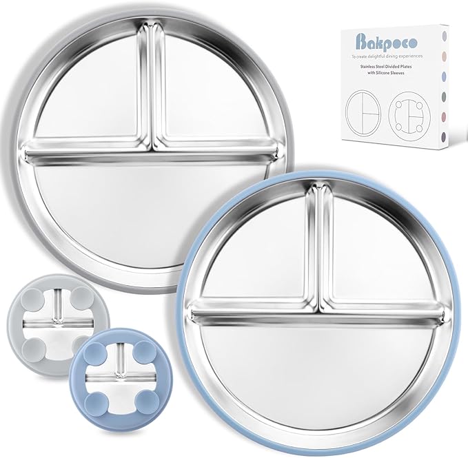 Stainless Steel Toddler Plate with Suction, 9” Divided Plates with Removable Silicone Sleeves for Kids, Non Toxic & BPA Free | Non Slip | Unbreakable Baby Snack Dishes Set of 2, Blue & Gray
