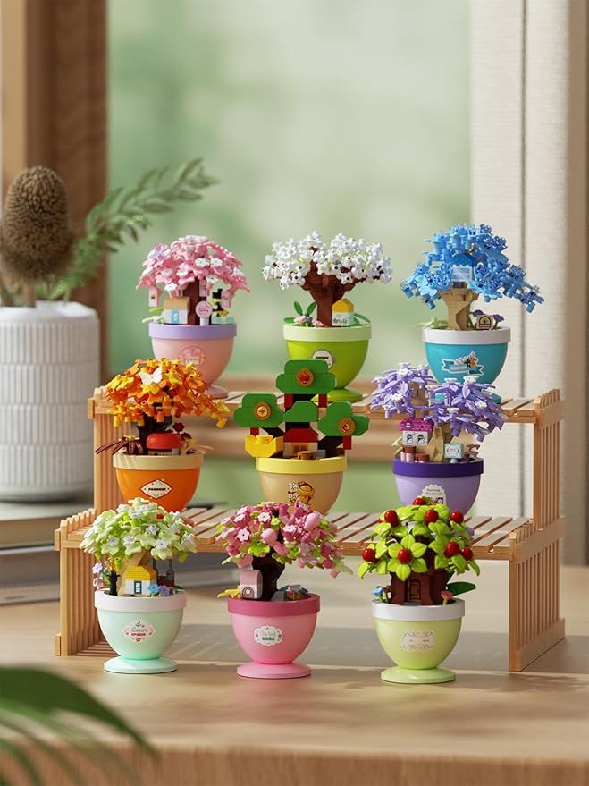 Peach Retreat Mini Bonsai Tree Micro Building Set Building Toy Plant Cherry Tree Flower Collection Decor for Home Desk Greenery Decoration Building Blocks DIY Creative Gifts