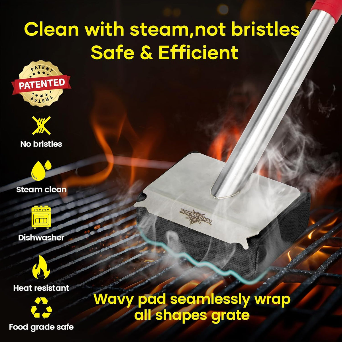 Grill Brush Bristle Free,Upgraded Aramid Fiber Wavy Pad Perfect for Cast Iron Grates/Porcelain/Weber Gas/Charcoal Grill,Replaceable Cleaning Head,Safe Grill Brush for Outdoor Grill