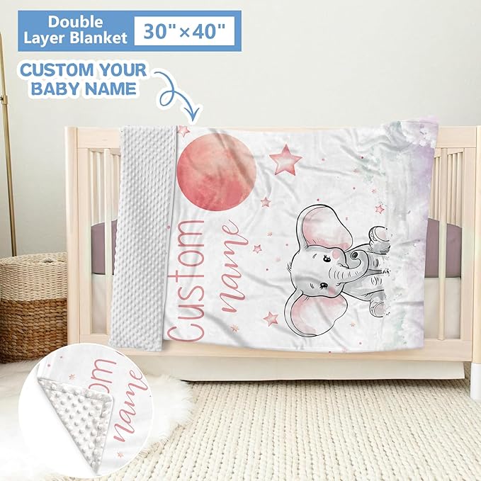 Personalized Nursery Bedding Set, 5 Pcs - Custom Baby Girl Elephant Bedding, Toddlers Bedding Set with Name, Double Layer, Customized Gift for Infant Kid