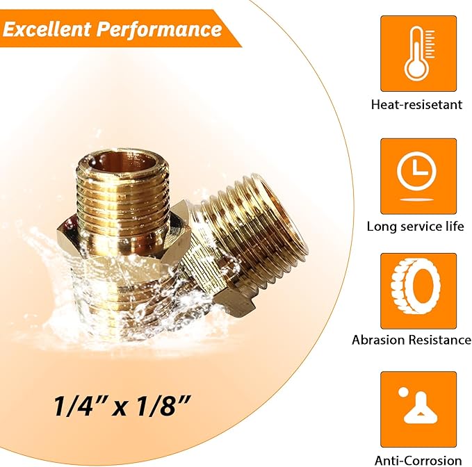 2pcs 1/4" NPT x 1/8" NPT Brass Nipple, 1/4 to 1/8 Adapter Fitting Reducing Solid Hex Nipple, Brass 1/4 Male to 1/8 Male Reducer Pipe Fittings for Extending and Connecting Pipes