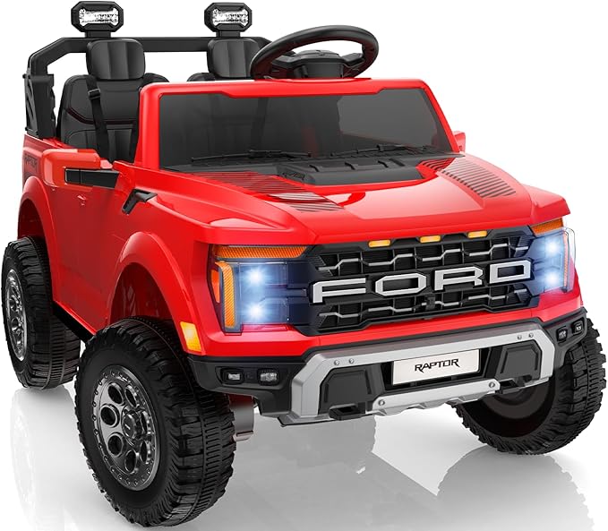 24V 2 Seater Ride on Toys for Kids, Licensed Ford F-150 Raptor Kids Electric Vehicles w/Remote Control, Power Pedal and Durable Wheels, LED Lights, Bluetooth, Truck Bed Storage (Red)