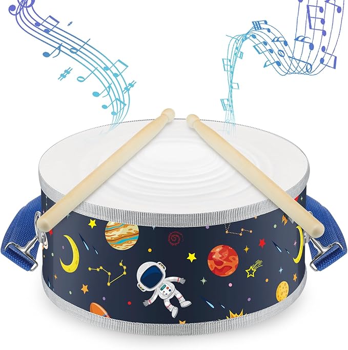 Boao 1 Pc Kids Drum Set, 8 Inch Toddler Drum Wooden Toy with Adjustable Strap and 4 Drumsticks, Educational Sensory Musical Instrument for Toddlers Kid Baby Boys Girls Gift (Space)