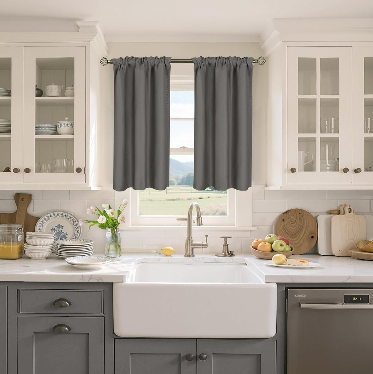 BGment Short Blackout Curtains 45 Inches Length for Bedroom - Rod Pocket Thermal Insulated Room Darkening Window Curtain for Kitchen Cafe, 34 x 45 Inch, 2 Panels, Grey