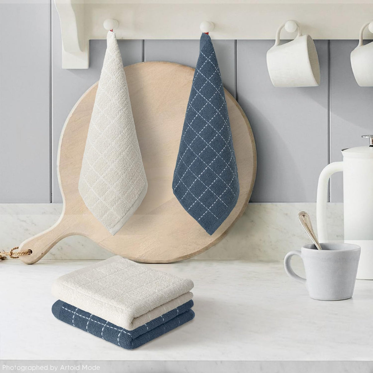 Artoid Mode Checkered Designed Cotton Beige Grey Terry Kitchen Dish Cloths, 12x12 Inch Soft Absorbent Quick Drying Cleaning Kitchen Rags Set of 6