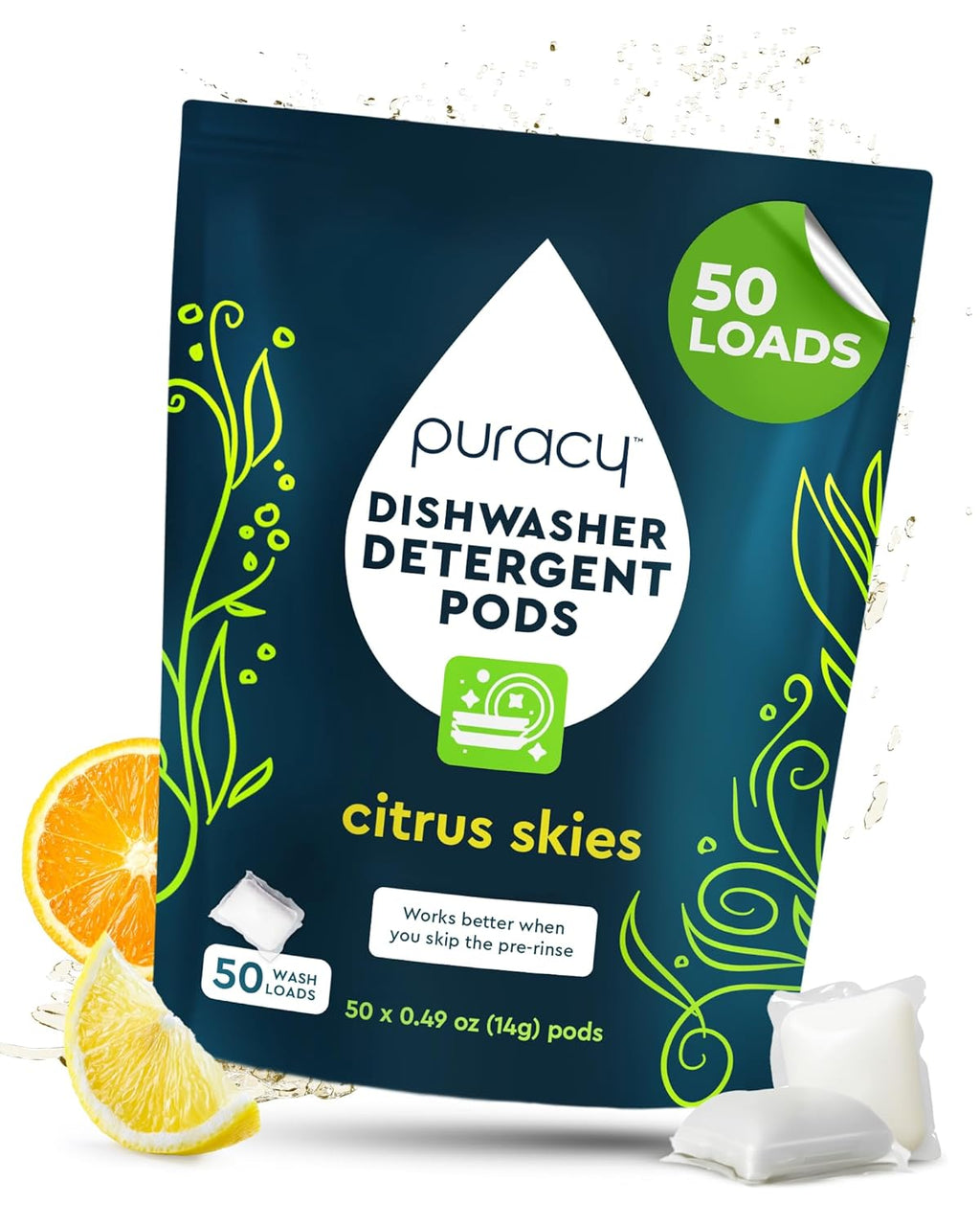 Puracy Dishwasher Pods, Natural Dishwasher Detergent, Citrus Skies Dish tabs - Enzyme-Powered, Spot & Residue Free - TikTok Trend Items, Must Haves from TikTok Made Me Buy It (Citrus Skies, 50 Count)