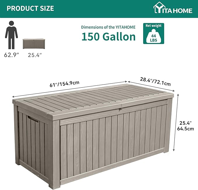 YITAHOME 150 Gallon Large Deck Box w/Divider, XL Waterproof Outdoor Storage for Patio Furniture,Outdoor Cushions, Garden Tools, Sports Equipment and Pool Supplies, Resin, Lockable, Taupe