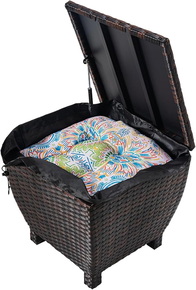 Outdoor Wicker Storage Box with Cover, 13 Gallon PE Rattan Deck Box for Outside with Waterproof Liner, Patio Storage Chest with Hinged Lid for Cushions, Pillows, Towels, Horizontal Bin, Brown