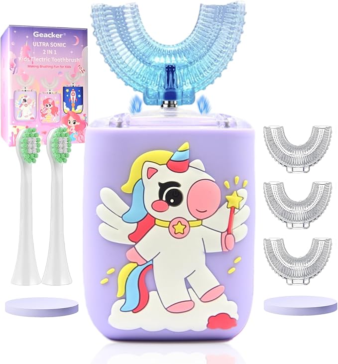 Kids Electric Toothbrush U Shaped Toddler Auto Sonic Toothbrushes with 5 Brush Head, Cartoon Unicorn Ultrasonic 360 Full Mouth Cleaning Automatic Toothbrushes for Children 2-7 Years