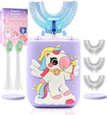 Kids Electric Toothbrush U Shaped Toddler Auto Sonic Toothbrushes with 5 Brush Head, Cartoon Unicorn Ultrasonic 360 Full Mouth Cleaning Automatic Toothbrushes for Children 2-7 Years