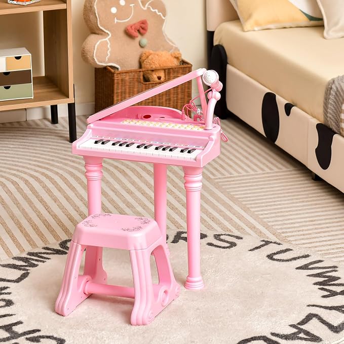 HONEY JOY Classical Kids Mini Grand Piano w/ Music Stand & Stool, Portable Electronic Piano Educational Musical Instrument Toy w/ Microphone, Lights, Gift for Kids (Pink, 31 Keys)