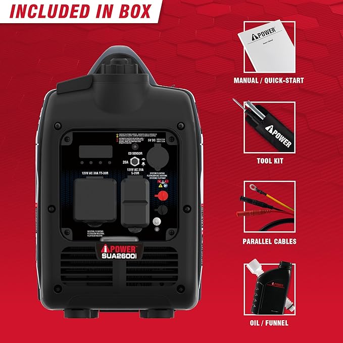 A-iPower Quiet Inverter Generator, 2600W RV Ready, EPA & CARB Compliant CO Sensor, Portable Ultra-Light Weight For Backup Home Use, Tailgating & Camping (SUA2600i)