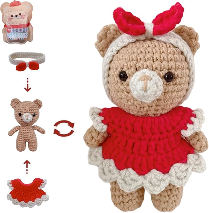 LoopMap Crochet Kit for Beginners - DIY Amigurumi Bear with Removable Dress & Accessories - Step-by-Step Video Tutorials, Extra Yarn, Crochet Tools, Handmade Gift for Kids & Adults (Bear K01, red)