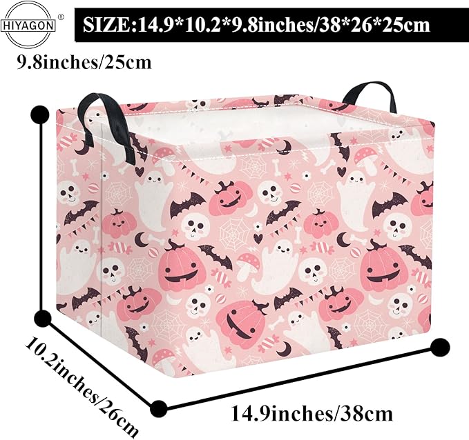 HIYAGON Rectangular Halloween Basket for Boys and Girls Kids Trick or Treat Pumpkin Basket for Halloween Parties Cute Storage Bin Organizer Box Room Decor(Pink ghost pumpkin)