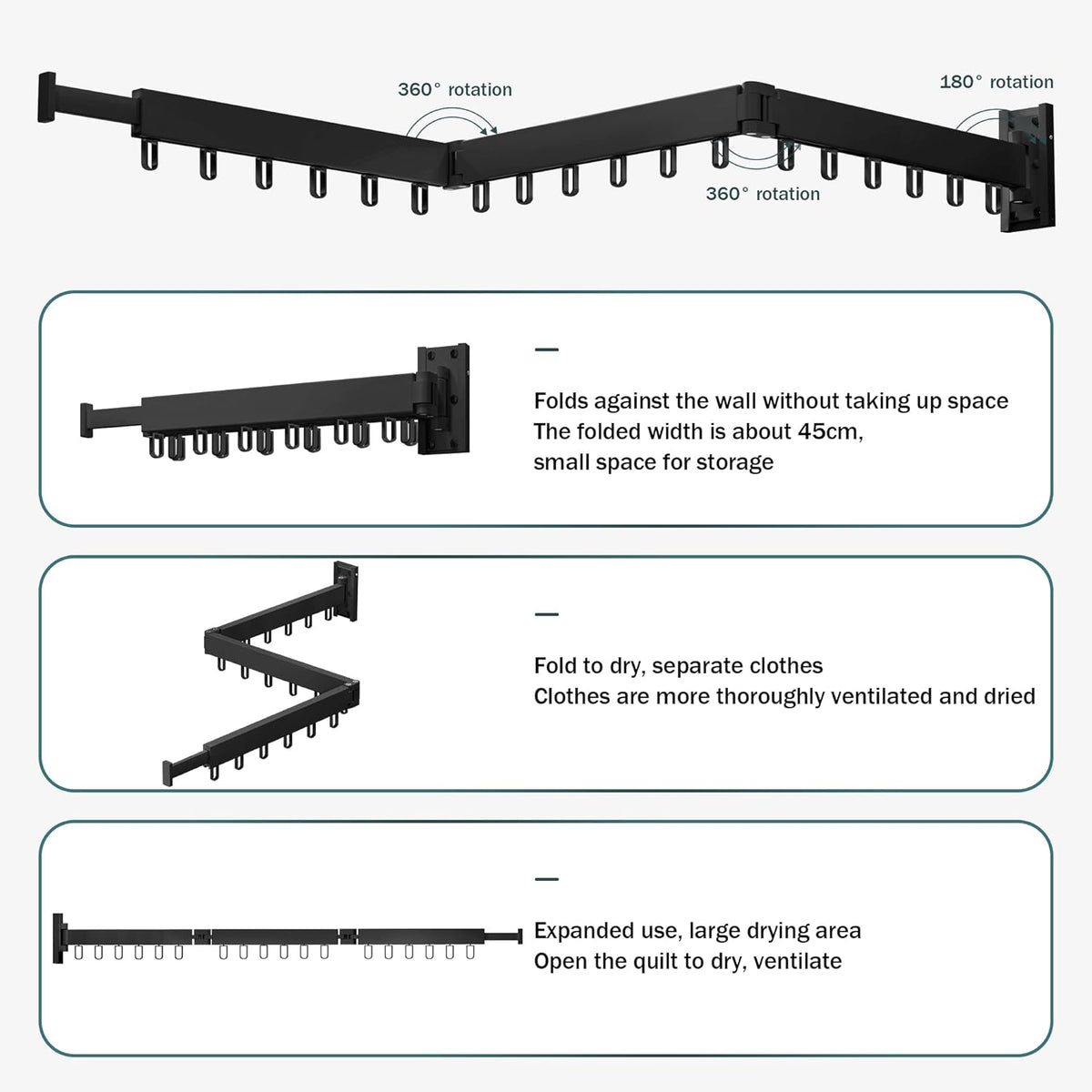Clothes Drying Rack,Laundry Drying Rack,Clothes Rack Wall Mount,Wall Mounted Clothes Hanger Rack,Laundry Rack Folding,Retractable Clothing Rack,Collapsible Clothes Hanging Rack(Loop,Black)