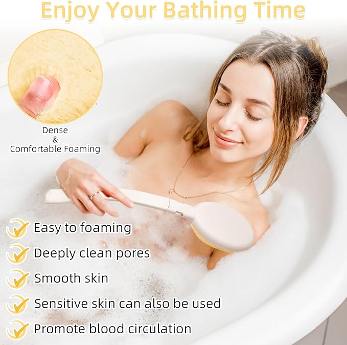 LFJ 19" Long Handle Shower Sponge Brush Set, 3 in 1 Body Brush, Bath Sponge and Lotion Applicator Improved Skin Health, Suitable for Men and Women (White Brush-1P)