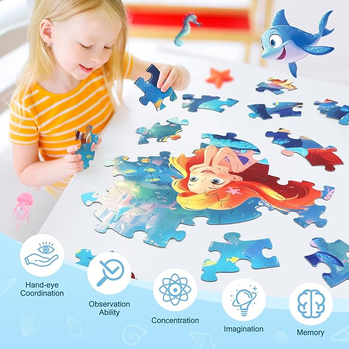 Floor Puzzles for Kids Ages 3-5, 70 Pieces Mermaid Jigsaw Puzzle for Toddler Girls Ages 3 4 5 6 7 8 Year Old, Large Round Underwater Princess Puzzle Educational Learning Toys Birthday Gift