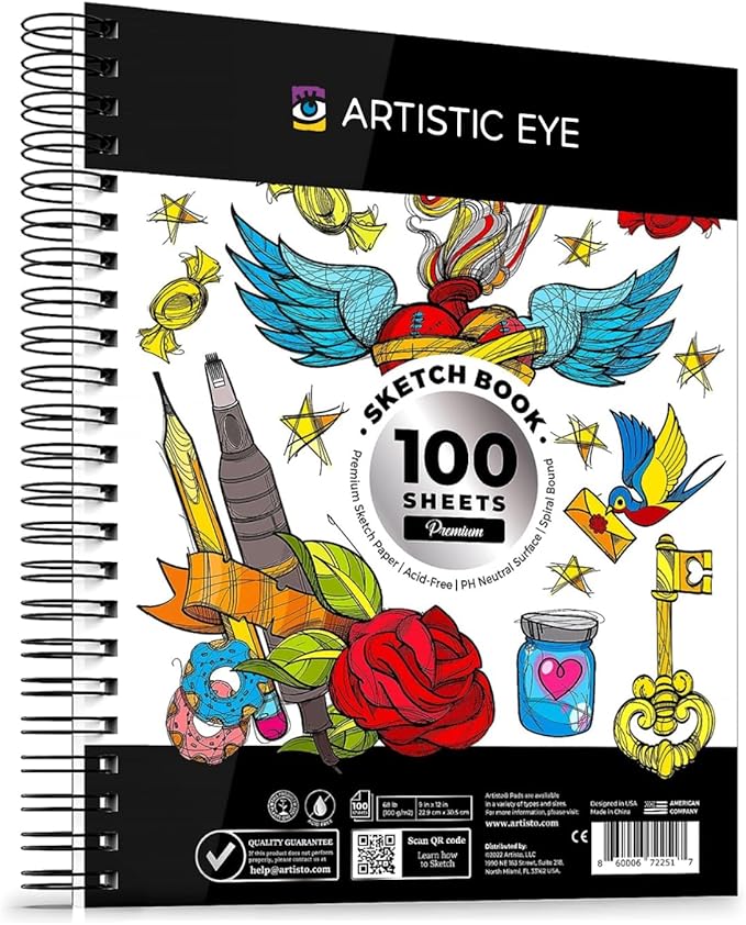 ARTISTIC EYE 9x12 Premium Sketch Book Set, 100 Sheets, Spiral Bound, 68lb (100gsm), Acid-Free Drawing Paper, Ideal for Kids, Teens & Adults (Set of 1)
