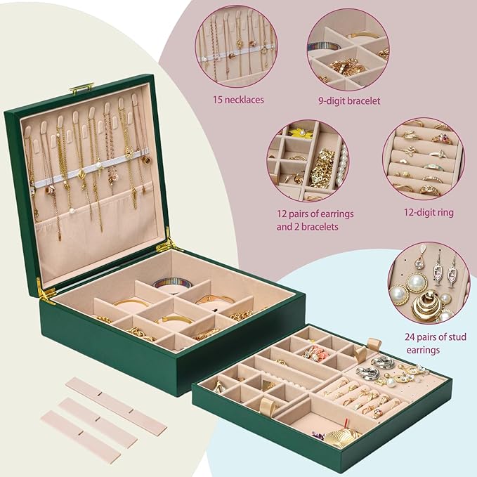 2-layer jewelry box，Jewelry Organizer with Handle，with hanging necklace hooks, detachable jewelry trays, suitable for storing a large amount of jewelry gift box (Large-Green)