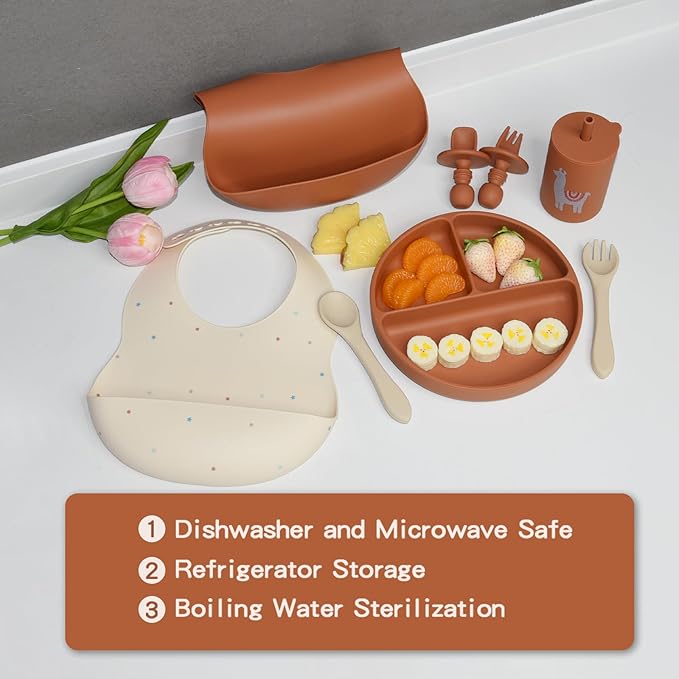 Silicone Baby Feeding Set, Baby Led Weaning Supplies, Baby Spoons Suction Divided Plate Bib Cup, First Stage Solid Food Eating Utensils - 6+ Months(Orange-Beige)