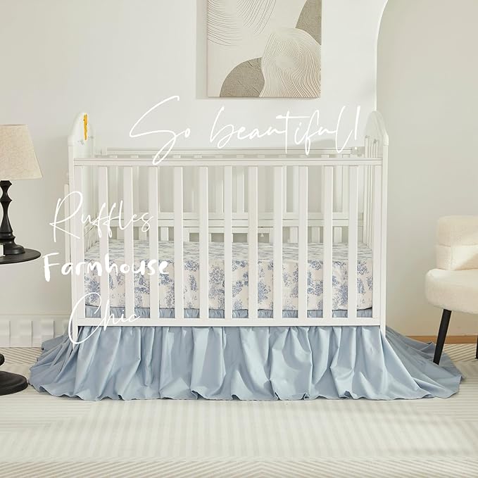 Brandream 3 Pieces French Country Toile Crib Bedding Set for Girls Vintage Blue Toile Floral Print 100% Cotton Baby Girl Nursery Bedding Collection - Ruffles Quilt,Toile Crib Sheet,Crib Bed Skirt